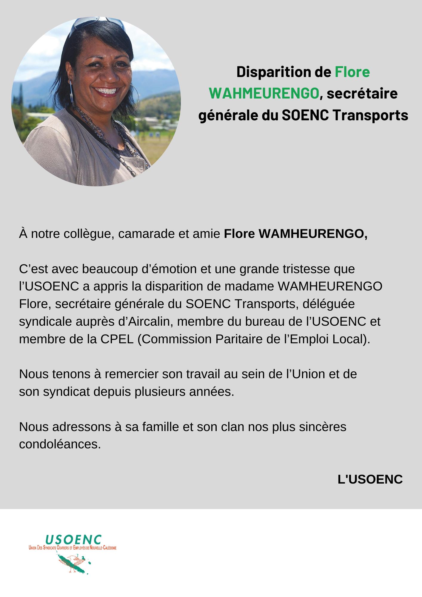 Disparition de Flore WAHMEURENGO, secrétaire générale du SOENC Transports