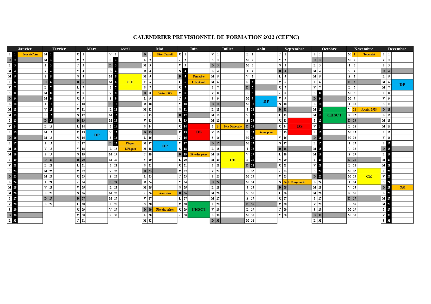 Calendrier prévisionnel de Formation CEFNC 2022
