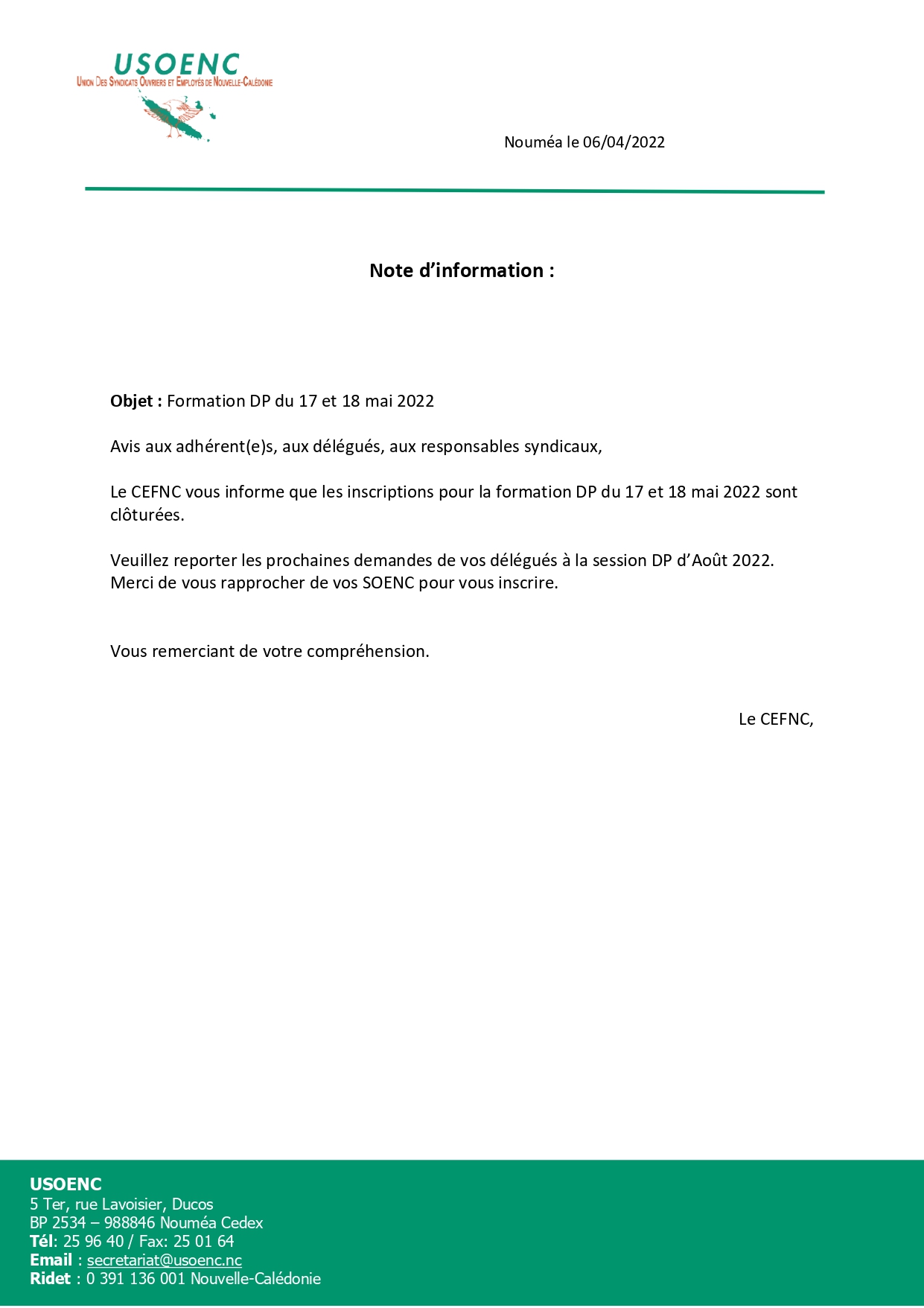 Note d’information : Formation DP du 17 et 18 mai 2022