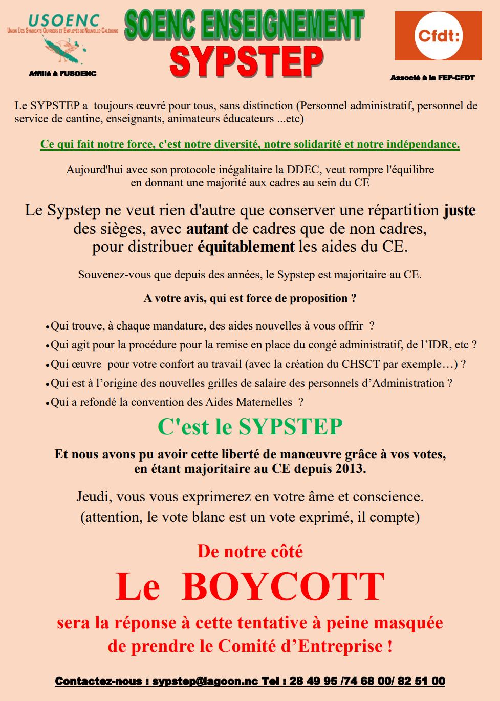 Le SyPSTEP dénonce ! : « Le BOYCOTT sera la réponse à cette tentative à peine masquée de prendre le Comité d’Entreprise ! »