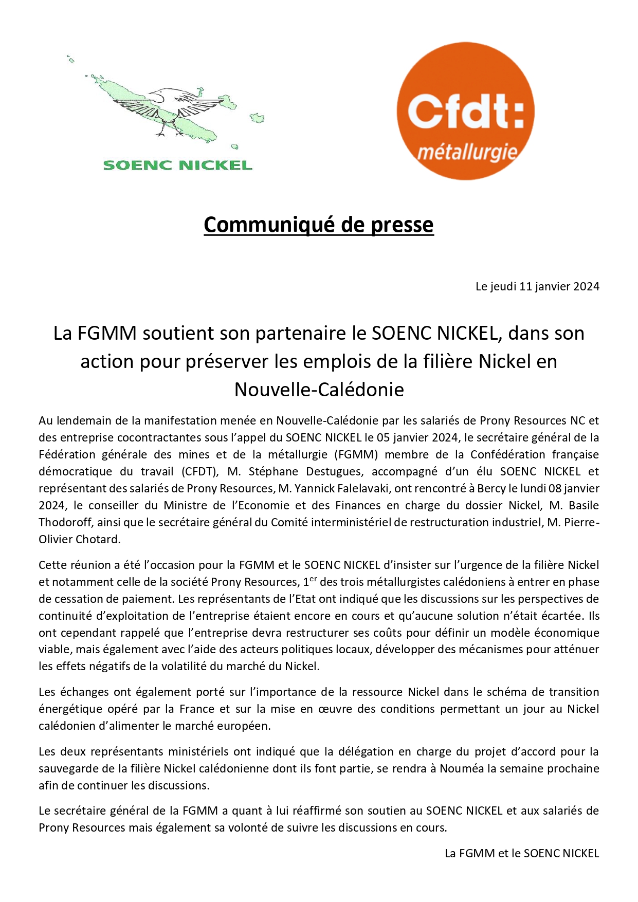 La FGMM soutient le SOENC Nickel, dans son action pour préserver les emplois de la filière Nickel